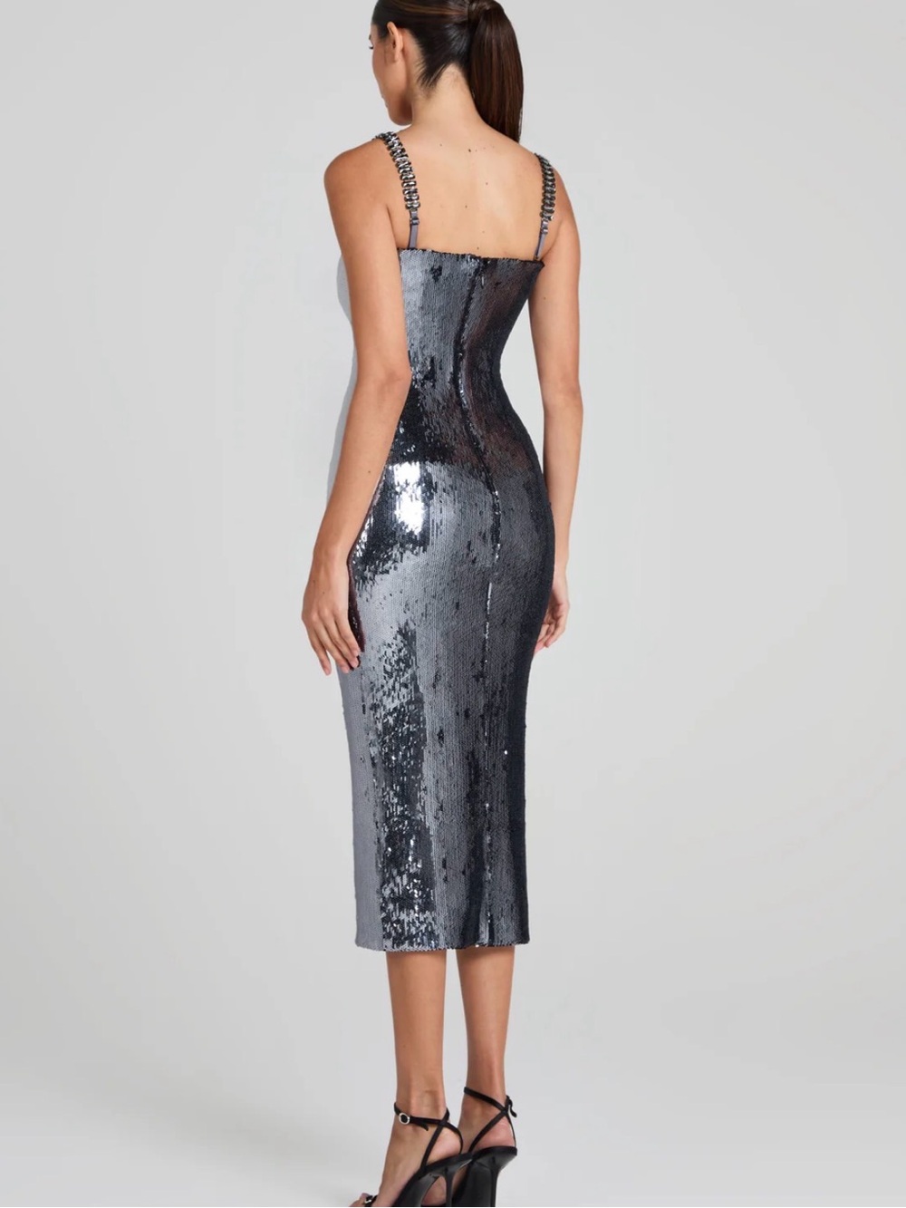 NADINE MERABI Brooke gunmetal embellished sequin bodycon corset midi dress - Picture 5 of 9